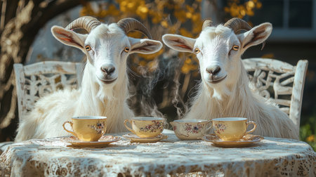 Two white goats are drinking tea at a table in a cozy atmosphere. The tea party scene.の素材