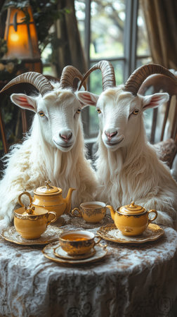 Two white goats are drinking tea at a table in a cozy atmosphere. The tea party scene.の素材