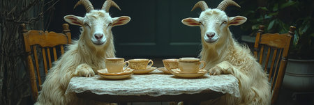 Two white goats are drinking tea at a table in a cozy atmosphere. The tea party scene.の素材