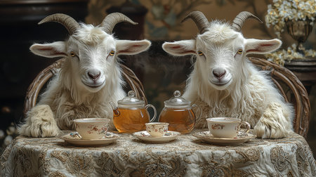Two white goats are drinking tea at a table in a cozy atmosphere. The tea party scene.の素材