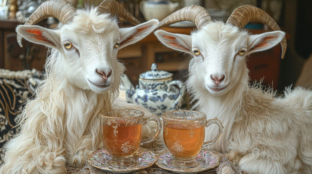 Two white goats are drinking tea at a table in a cozy atmosphere. The tea party scene.の素材