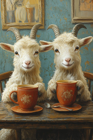 Two white goats are drinking tea at a table in a cozy atmosphere. The tea party scene.の素材