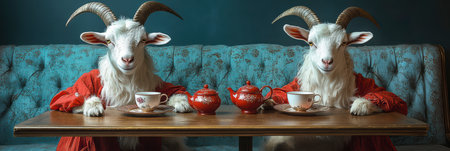 Two white goats are drinking tea at a table in a cozy atmosphere. The tea party scene.の素材