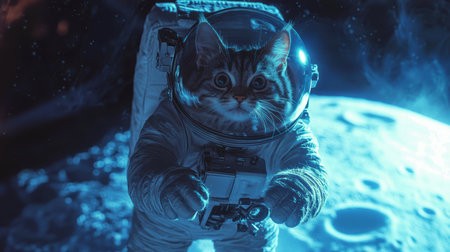 An astronaut cat hovers around the moon with lights on his helmet and a cute expression on his face.の素材