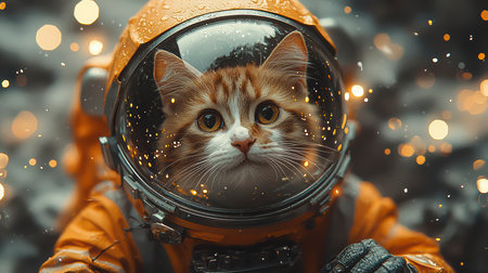 An astronaut cat hovers around the moon with lights on his helmet and a cute expression on his face.の素材