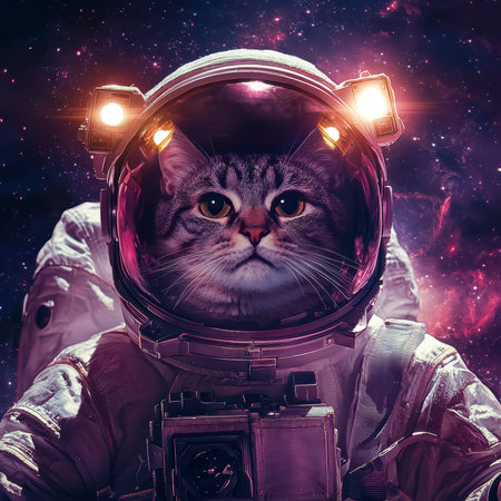 An astronaut cat hovers around the moon with lights on his helmet and a cute expression on his face.の素材
