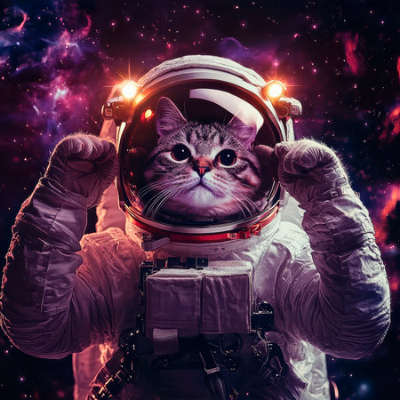 An astronaut cat hovers around the moon with lights on his helmet and a cute expression on his face.の素材
