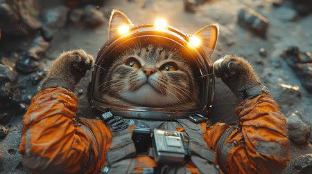 An astronaut cat hovers around the moon with lights on his helmet and a cute expression on his face.の素材