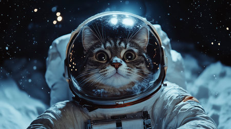 An astronaut cat hovers around the moon with lights on his helmet and a cute expression on his face.の素材