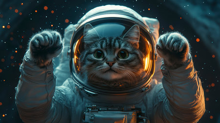 An astronaut cat hovers around the moon with lights on his helmet and a cute expression on his face.の素材