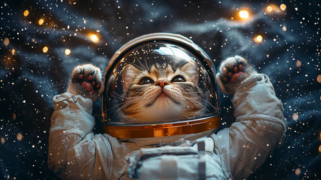 An astronaut cat hovers around the moon with lights on his helmet and a cute expression on his face.の素材