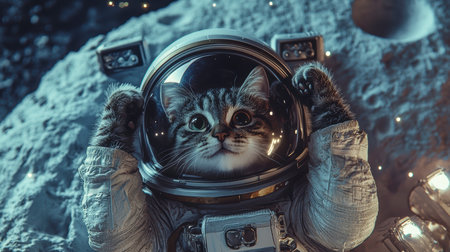 An astronaut cat hovers around the moon with lights on his helmet and a cute expression on his face.の素材