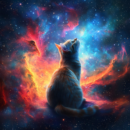 A cat on the edge of time and space looks at the stars in a bright nebula, space fiction.の素材