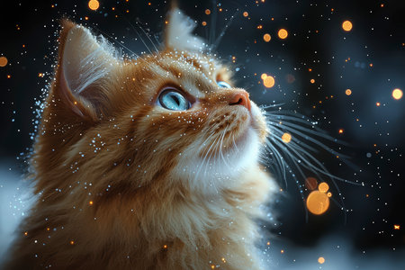 A cat on the edge of time and space looks at the stars in a bright nebula, space fiction.の素材