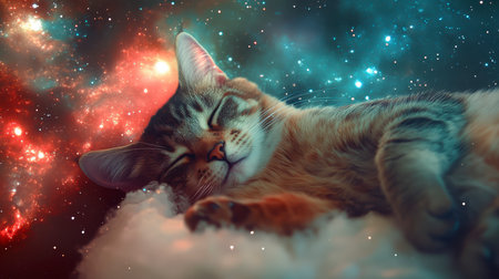 A cat on the edge of time and space looks at the stars in a bright nebula, space fiction.の素材