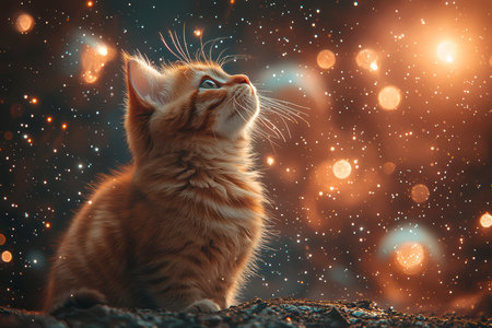 A cat on the edge of time and space looks at the stars in a bright nebula, space fiction.の素材