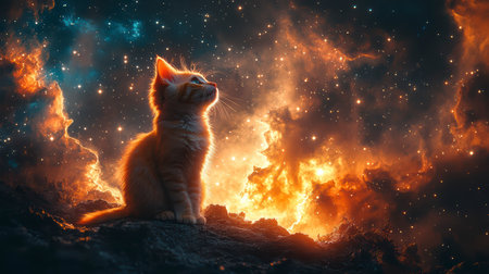 A cat on the edge of time and space looks at the stars in a bright nebula, space fiction.の素材