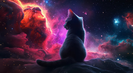 A cat on the edge of time and space looks at the stars in a bright nebula, space fiction.の素材
