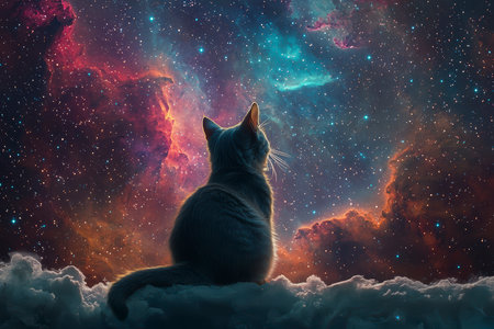 A cat on the edge of time and space looks at the stars in a bright nebula, space fiction.の素材