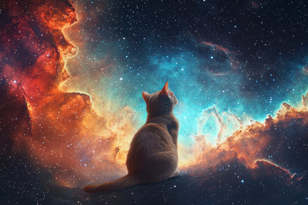 A cat on the edge of time and space looks at the stars in a bright nebula, space fiction.の素材