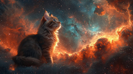 A cat on the edge of time and space looks at the stars in a bright nebula, space fiction.の素材