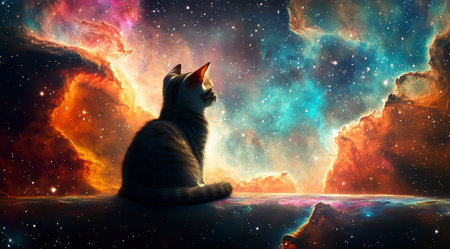 A cat on the edge of time and space looks at the stars in a bright nebula, space fiction.の素材