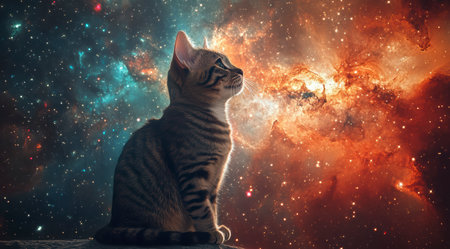 A cat on the edge of time and space looks at the stars in a bright nebula, space fiction.の素材