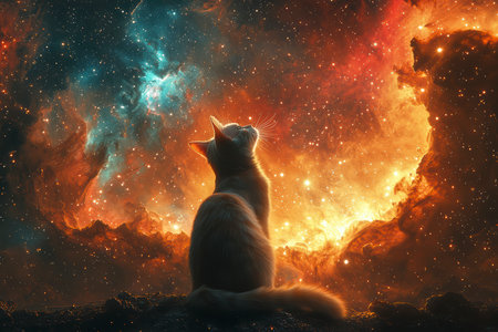 A cat on the edge of time and space looks at the stars in a bright nebula, space fiction.の素材