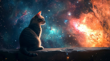 A cat on the edge of time and space looks at the stars in a bright nebula, space fiction.の素材