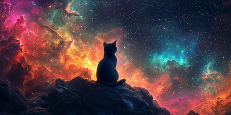 A cat on the edge of time and space looks at the stars in a bright nebula, space fiction.の素材