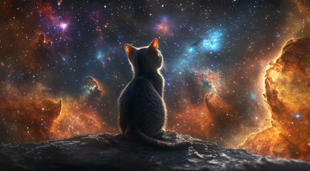 A cat on the edge of time and space looks at the stars in a bright nebula, space fiction.の素材