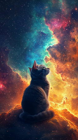 A cat on the edge of time and space looks at the stars in a bright nebula, space fiction.の素材