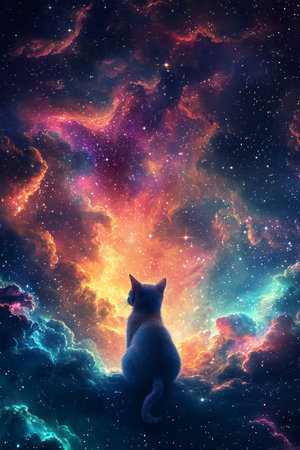 A cat on the edge of time and space looks at the stars in a bright nebula, space fiction.の素材