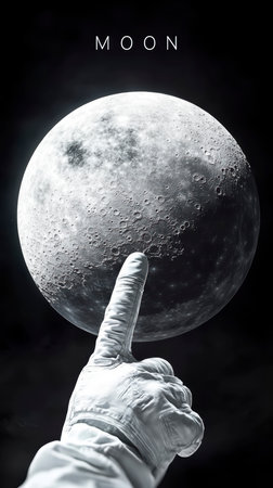 The astronaut points to the moon, symbolizing human longing and curiosity for the stars.の素材