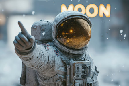 The astronaut points to the moon, symbolizing human longing and curiosity for the stars.の素材