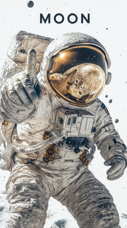 The astronaut points to the moon, symbolizing human longing and curiosity for the stars.の素材