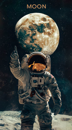The astronaut points to the moon, symbolizing human longing and curiosity for the stars.の素材