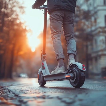 A person on an electric scooter rides in the city at sunset, demonstrating the power and manufacturability of the device.の素材