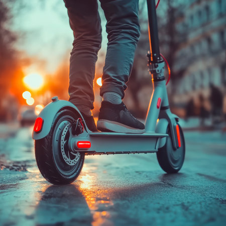 A person on an electric scooter rides in the city at sunset, demonstrating the power and manufacturability of the device.の素材