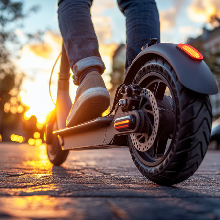 A person on an electric scooter rides in the city at sunset, demonstrating the power and manufacturability of the device.の素材