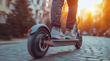 A person on an electric scooter rides in the city at sunset, demonstrating the power and manufacturability of the device.の素材