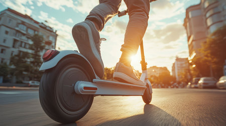 A person on an electric scooter rides in the city at sunset, demonstrating the power and manufacturability of the device.の素材