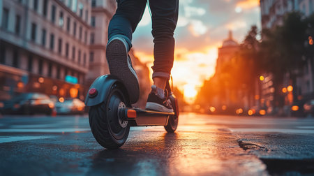 A person on an electric scooter rides in the city at sunset, demonstrating the power and manufacturability of the device.の素材