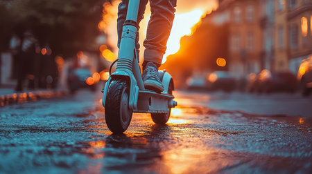 A person on an electric scooter rides in the city at sunset, demonstrating the power and manufacturability of the device.の素材