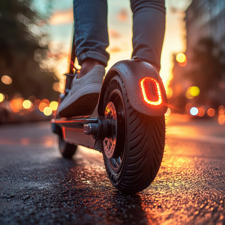 A person on an electric scooter rides in the city at sunset, demonstrating the power and manufacturability of the device.の素材