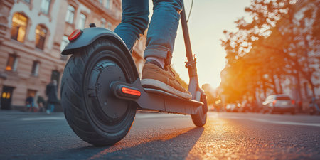 A person on an electric scooter rides in the city at sunset, demonstrating the power and manufacturability of the device.の素材