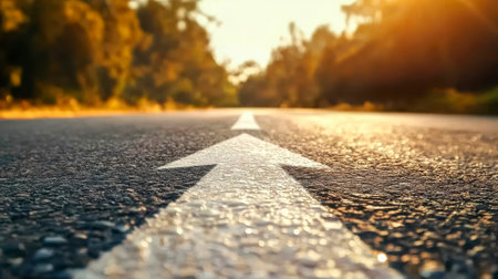 An asphalt road with an arrow painted on it symbolizes growth, development and the path to success.の素材