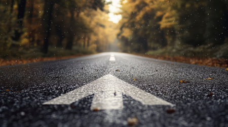 An asphalt road with an arrow painted on it symbolizes growth, development and the path to success.の素材