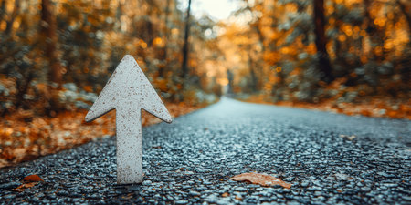 An asphalt road with an arrow painted on it symbolizes growth, development and the path to success.の素材