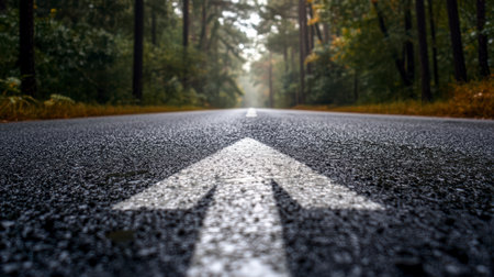 An asphalt road with an arrow painted on it symbolizes growth, development and the path to success.の素材